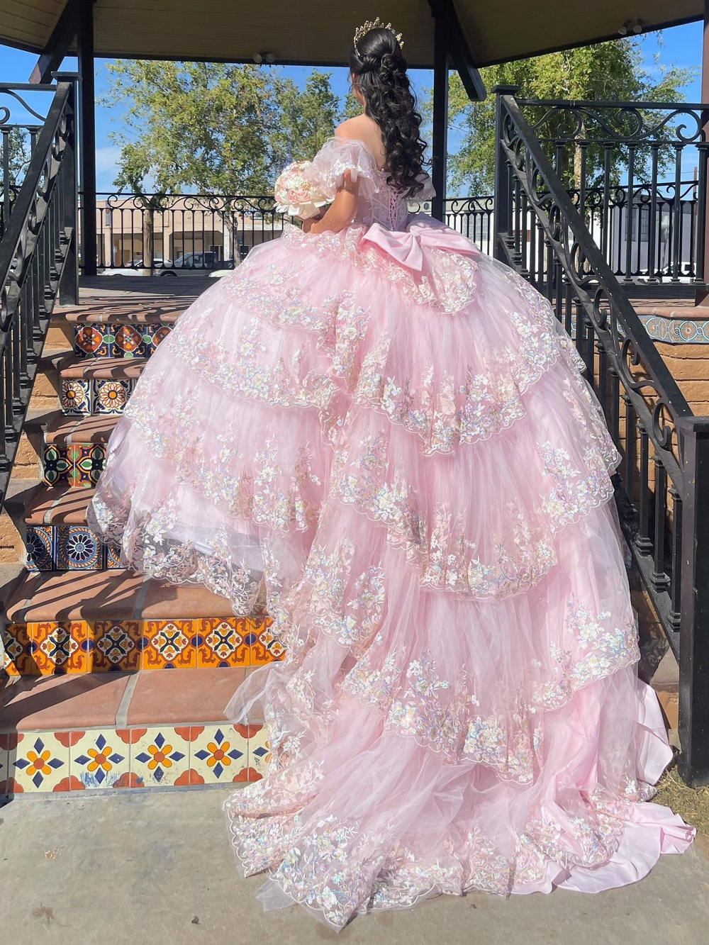 GLS Collective Pink and Gold Crystal Off-Shoulder Prom Gown with Rose Bouquet